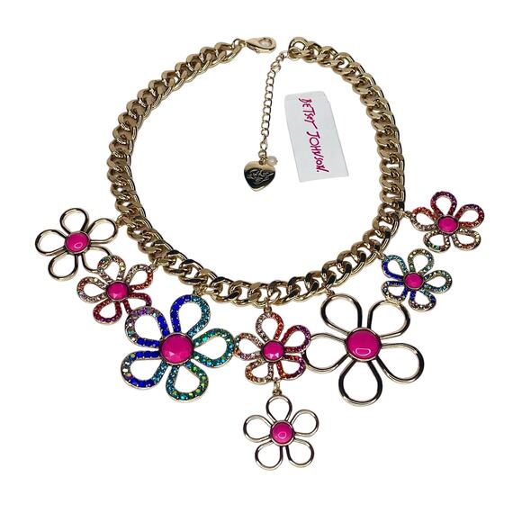 NEW Betsey Johnson FLOWER BIB NECKLACE Gold Tone Curb Chain Crystal Rhinestone - Picture 6 of 9
